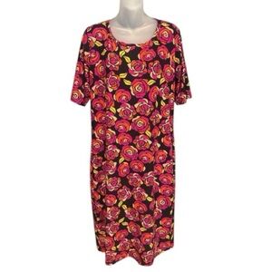 LuLaRoe Julia Bodycon Dress Women’s Size 2XL Rose Print Black Hot Pink Colorful